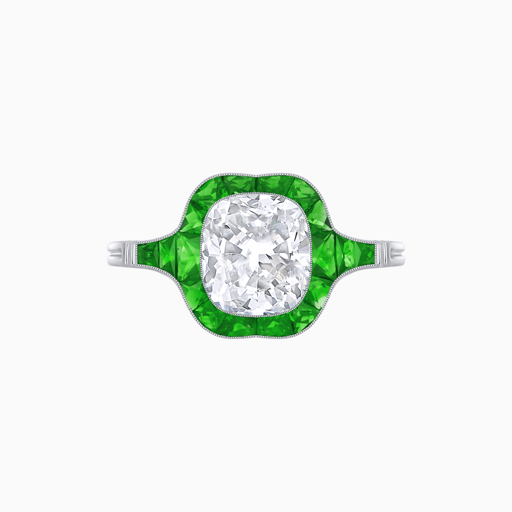 Art Deco Inspired Cushion Cut Halo Ring with Calibré-Cut Gemstones - Shahin Jewelry