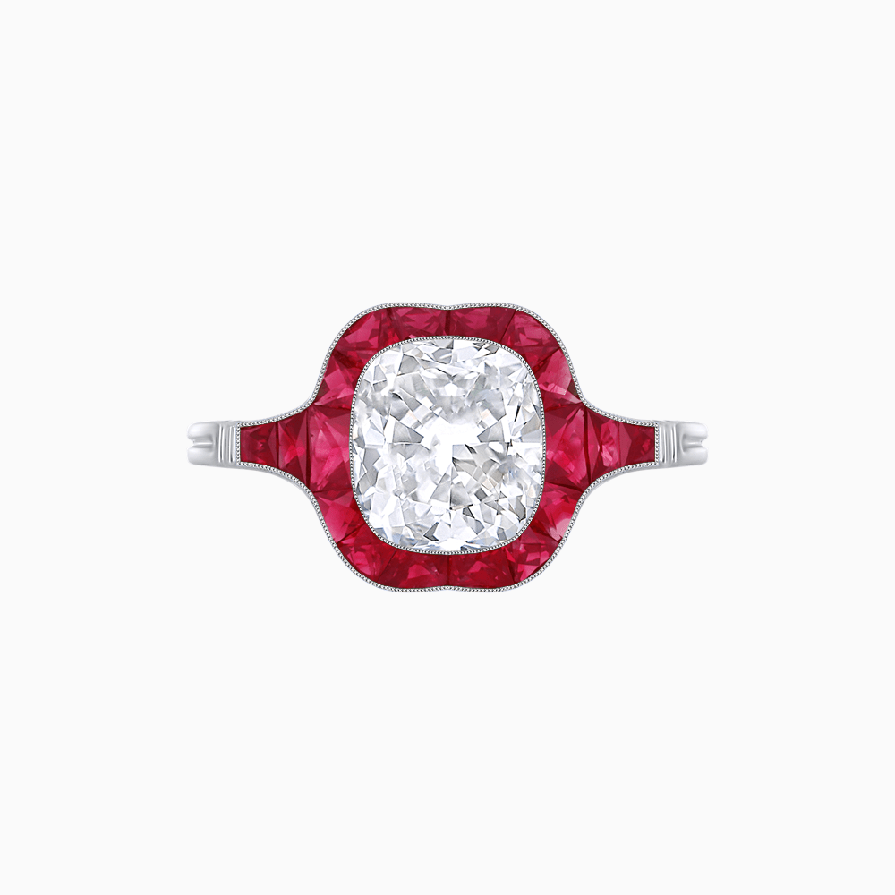 Art Deco Inspired Cushion Cut Halo Ring with Calibré-Cut Gemstones - Shahin Jewelry