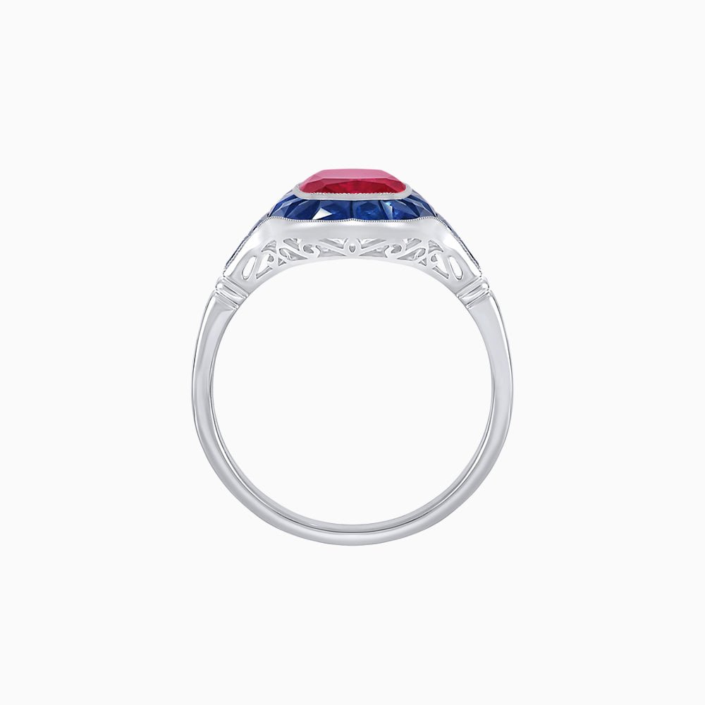 Art Deco Inspired Cushion Cut Halo Ring with Calibré-Cut Gemstones - Shahin Jewelry