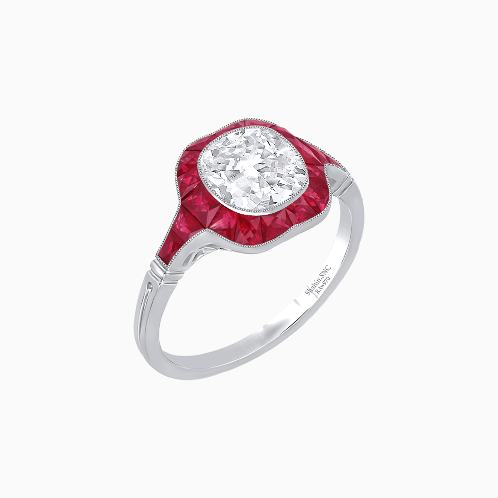 Art Deco Inspired Cushion Cut Halo Ring with Calibré-Cut Gemstones - Shahin Jewelry