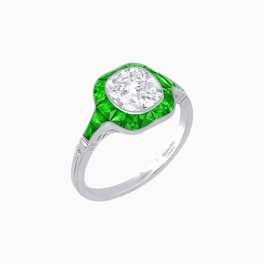 Art Deco Inspired Cushion Cut Halo Ring with Calibré-Cut Gemstones - Shahin Jewelry