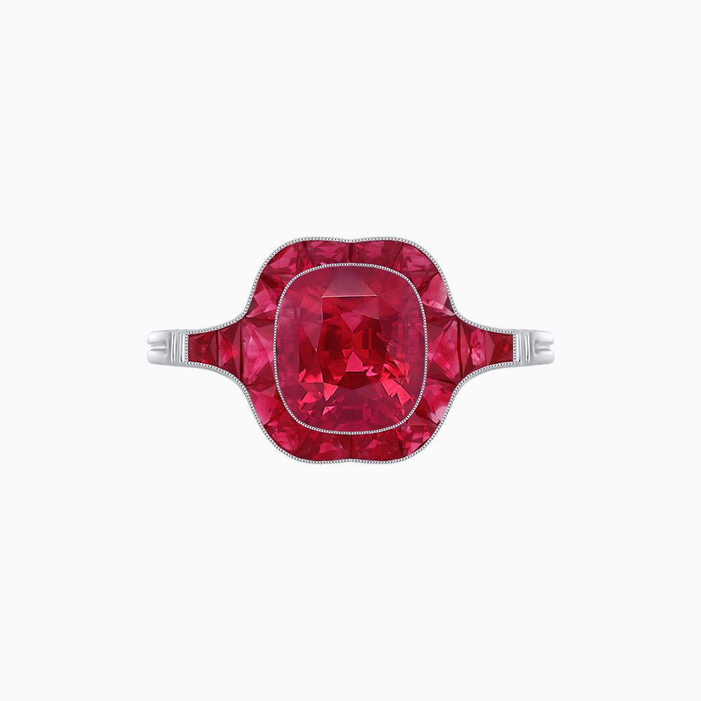 Art Deco Inspired Cushion Cut Halo Ring with Calibré-Cut Gemstones - Shahin Jewelry