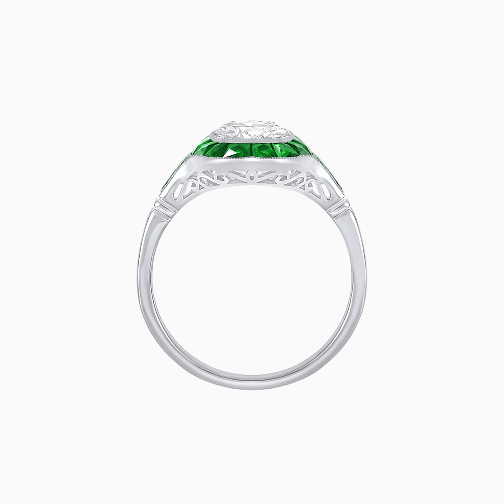 Art Deco Inspired Cushion Cut Halo Ring with Calibré-Cut Gemstones - Shahin Jewelry