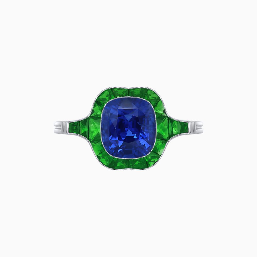 Art Deco Inspired Cushion Cut Halo Ring with Calibré-Cut Gemstones - Shahin Jewelry