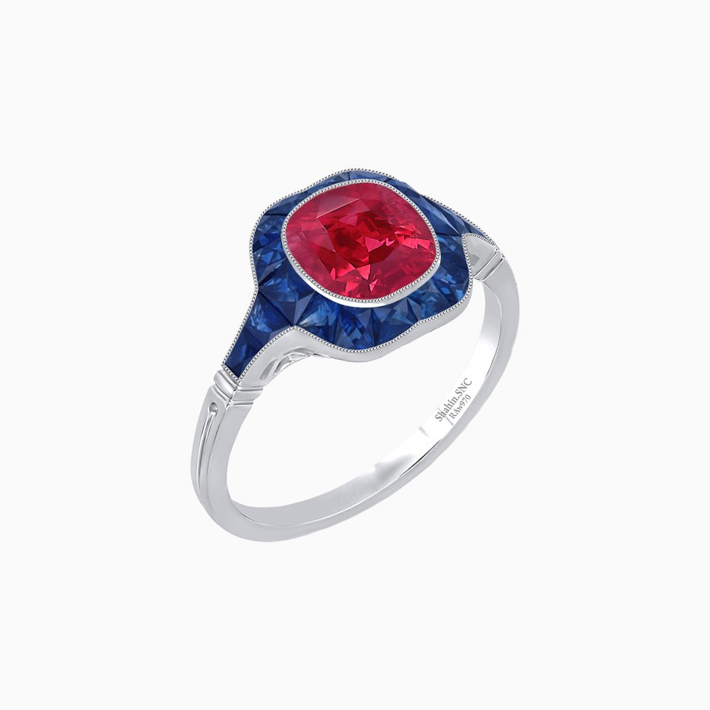 Art Deco Inspired Cushion Cut Halo Ring with Calibré-Cut Gemstones - Shahin Jewelry