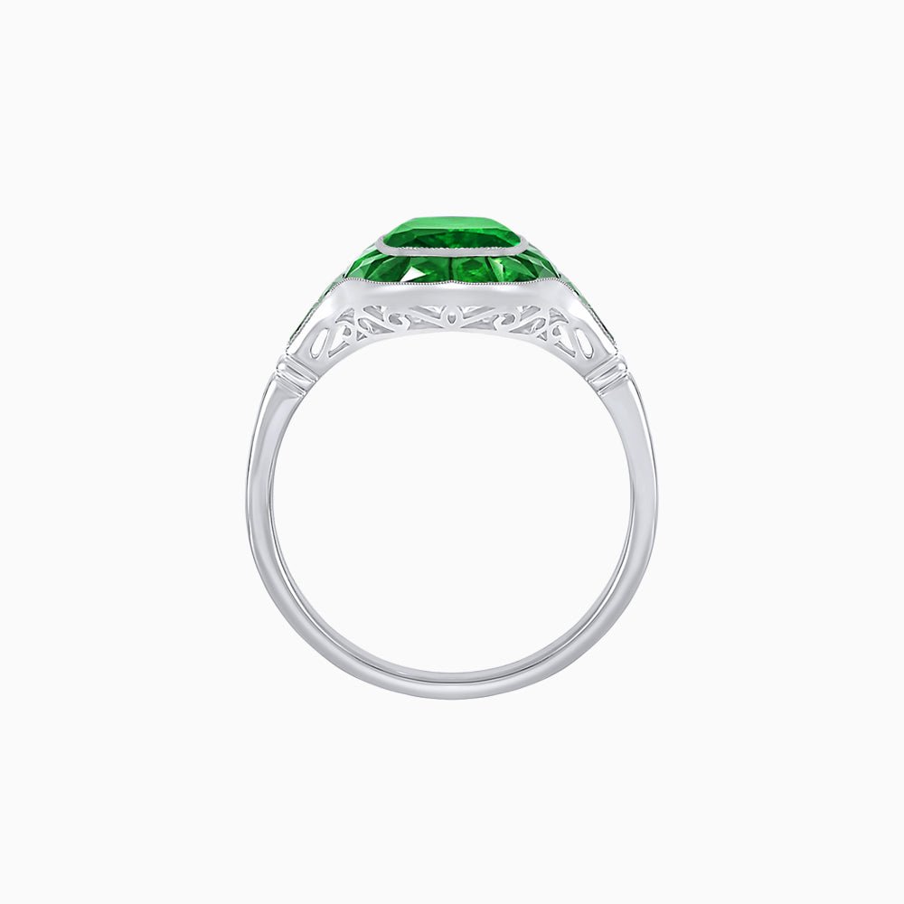 Art Deco Inspired Cushion Cut Halo Ring with Calibré-Cut Gemstones - Shahin Jewelry