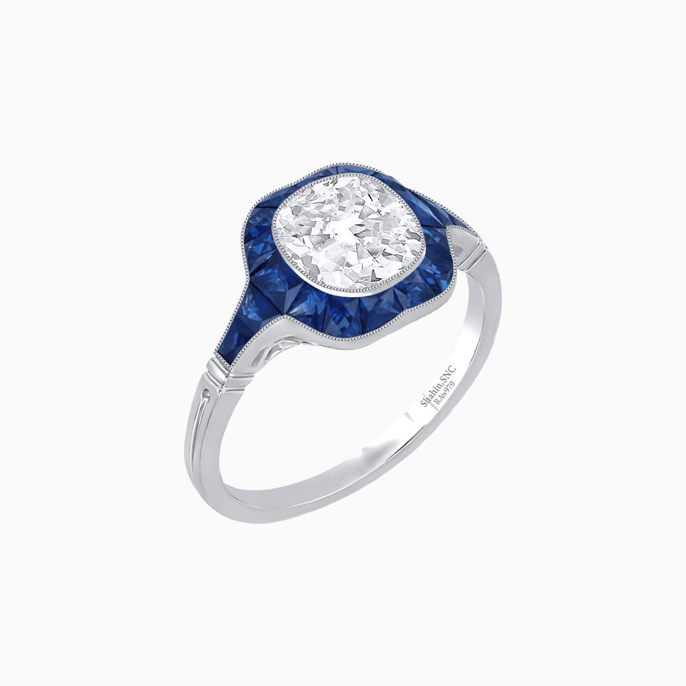 Art Deco Inspired Cushion Cut Halo Ring with Calibré-Cut Gemstones - Shahin Jewelry