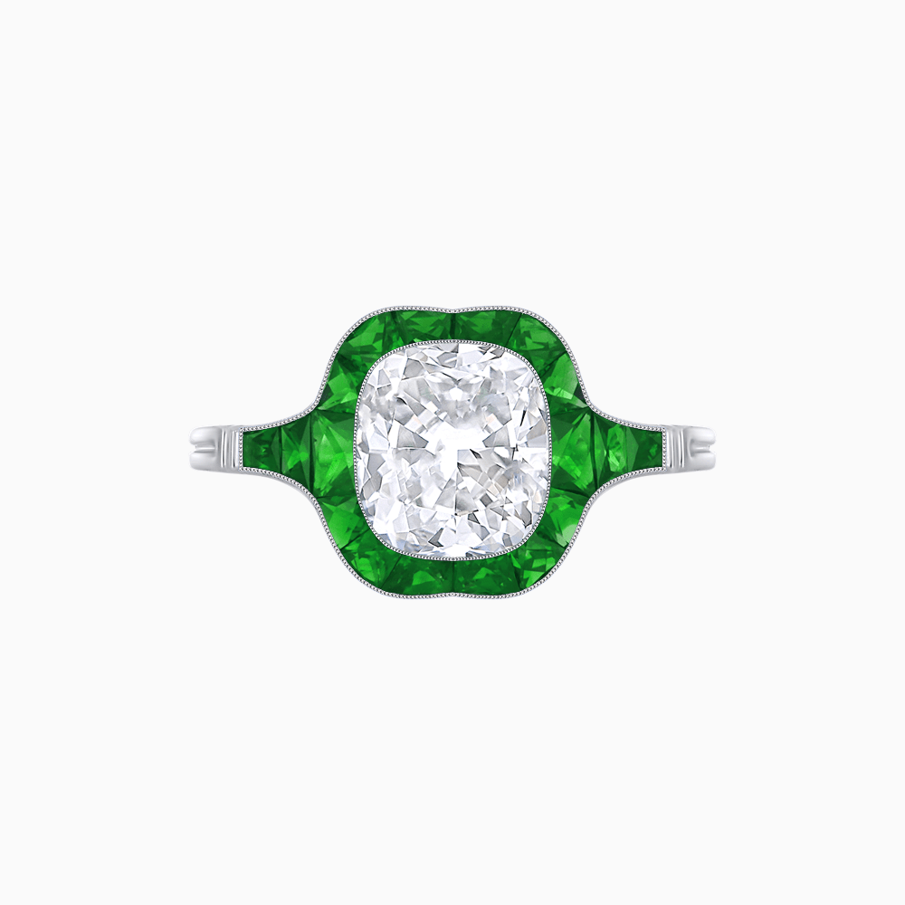 Art Deco Inspired Cushion Cut Halo Ring with Calibré-Cut Gemstones - Shahin Jewelry
