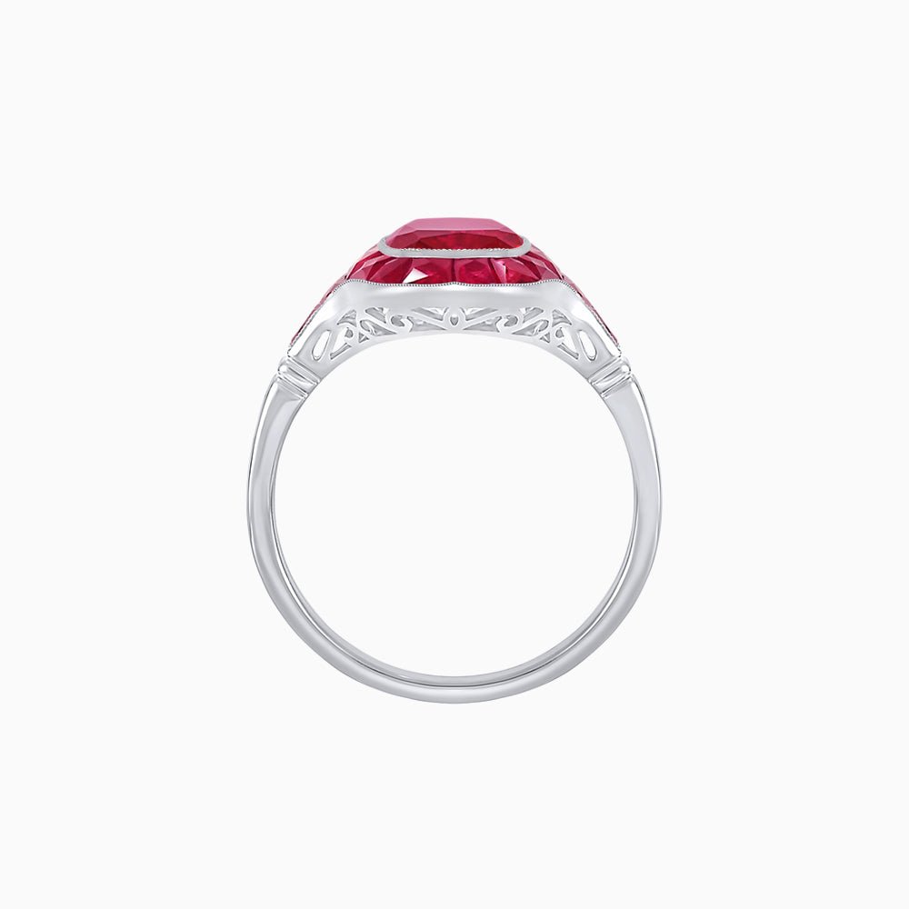 Art Deco Inspired Cushion Cut Halo Ring with Calibré-Cut Gemstones - Shahin Jewelry