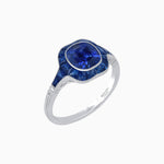 Load image into Gallery viewer, Art Deco Inspired Cushion Cut Halo Ring with Calibré-Cut Gemstones - Shahin Jewelry