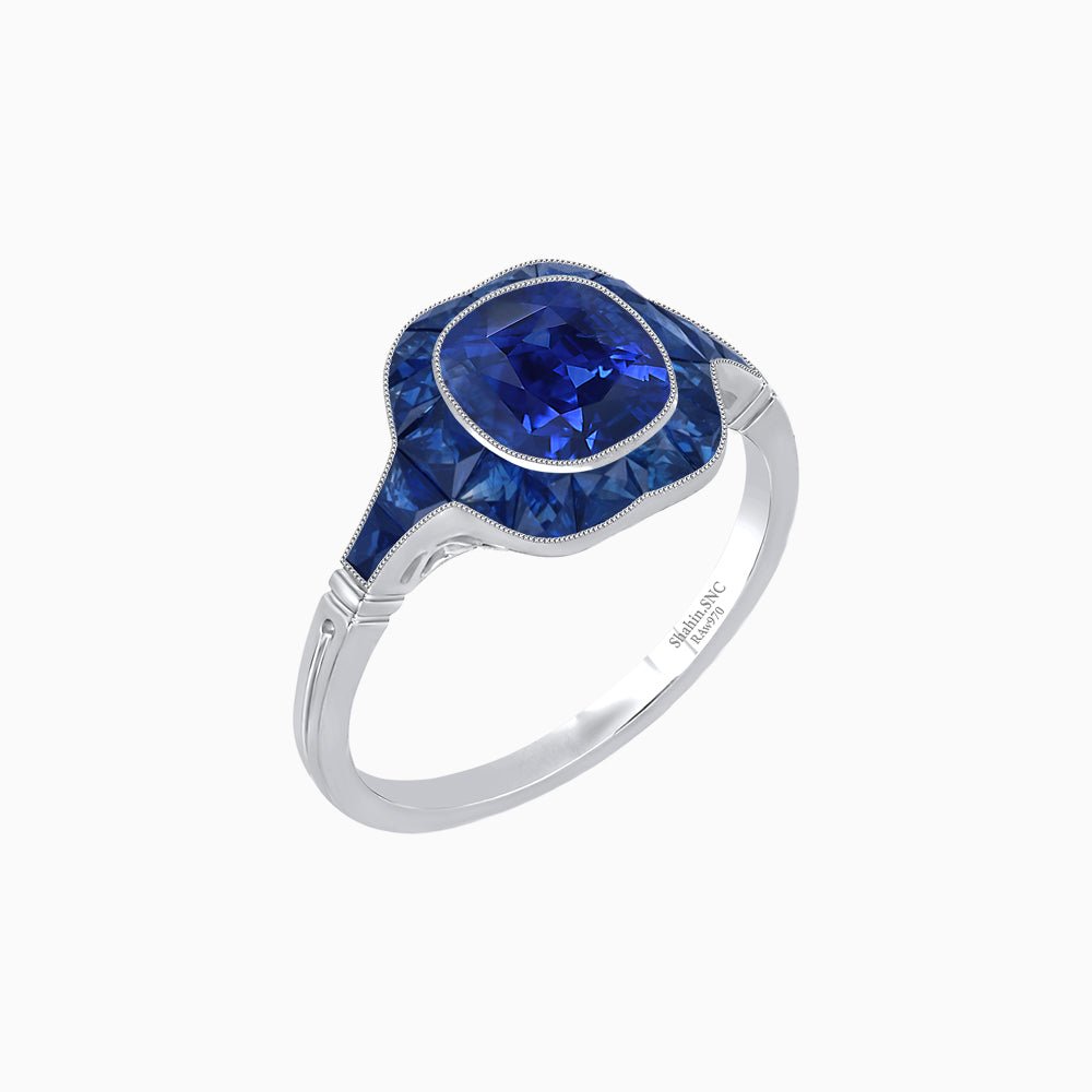 Art Deco Inspired Cushion Cut Halo Ring with Calibré-Cut Gemstones - Shahin Jewelry
