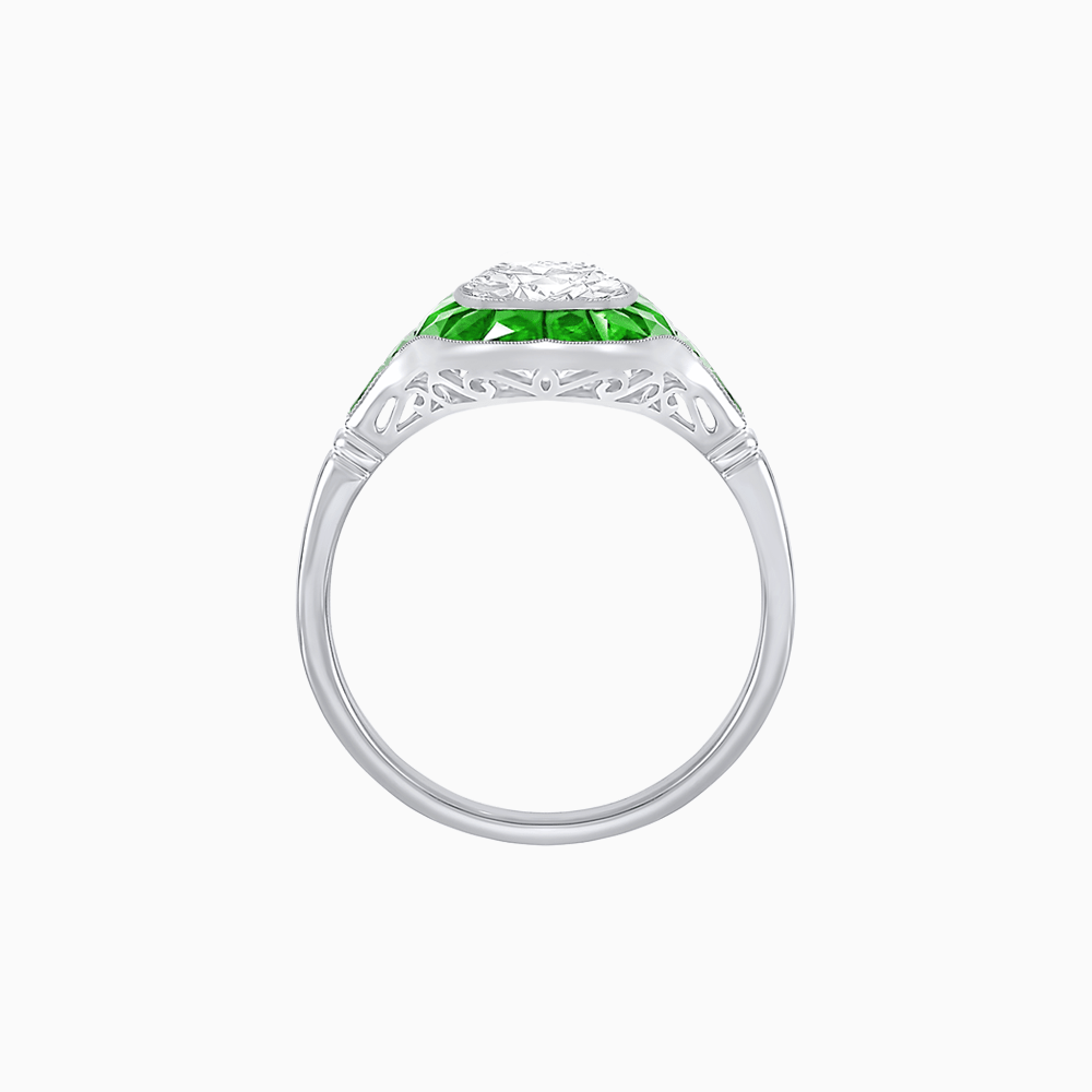 Art Deco Inspired Cushion Cut Halo Ring with Calibré-Cut Gemstones - Shahin Jewelry