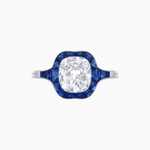 Load image into Gallery viewer, Art Deco Inspired Cushion Cut Halo Ring with Calibré-Cut Gemstones - Shahin Jewelry