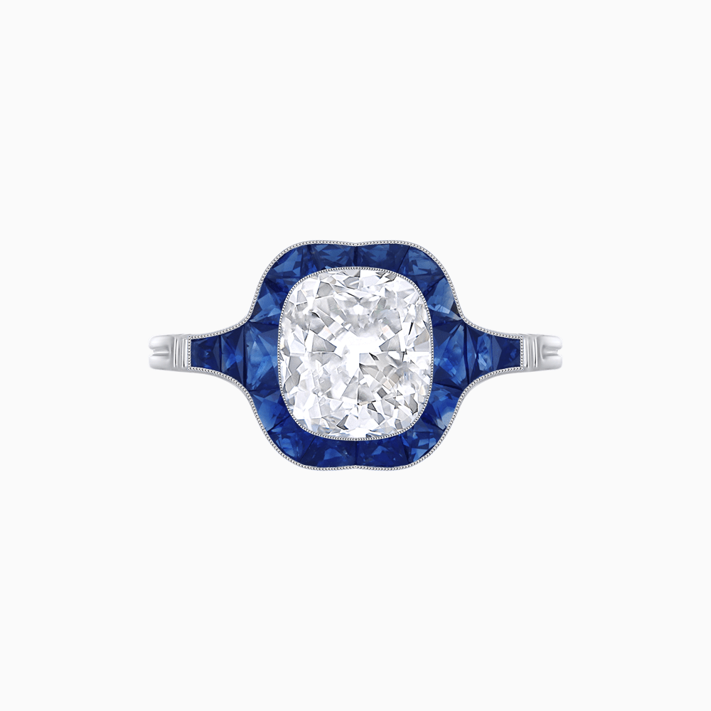 Art Deco Inspired Cushion Cut Halo Ring with Calibré-Cut Gemstones - Shahin Jewelry