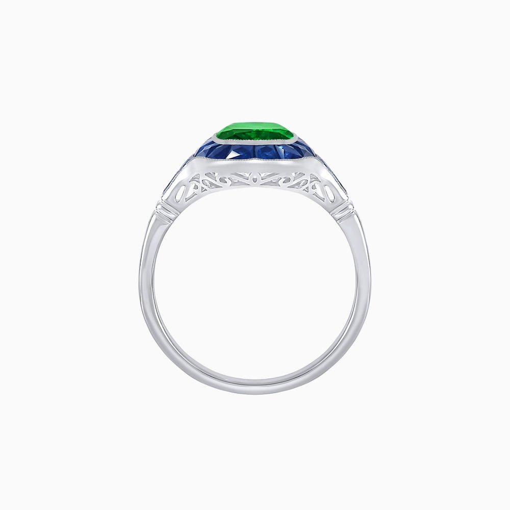 Art Deco Inspired Cushion Cut Halo Ring with Calibré-Cut Gemstones - Shahin Jewelry