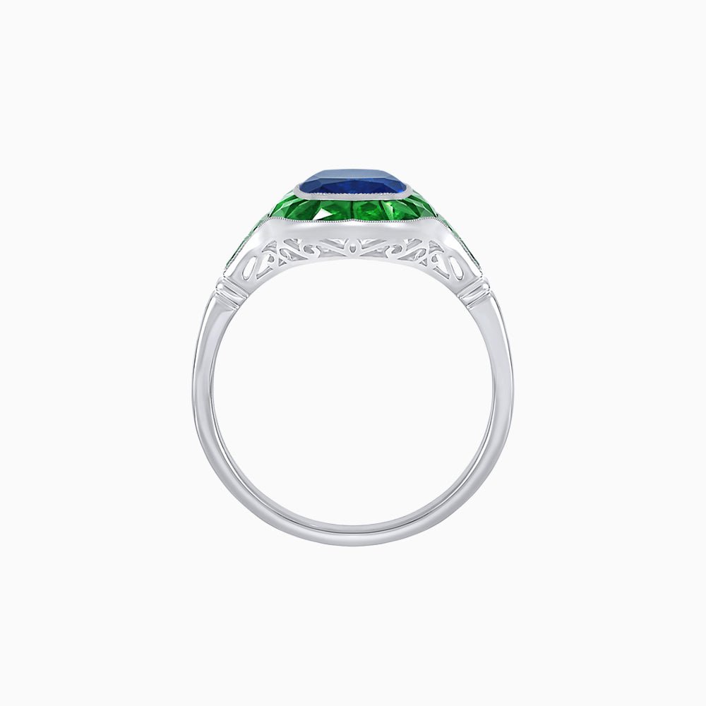 Art Deco Inspired Cushion Cut Halo Ring with Calibré-Cut Gemstones - Shahin Jewelry