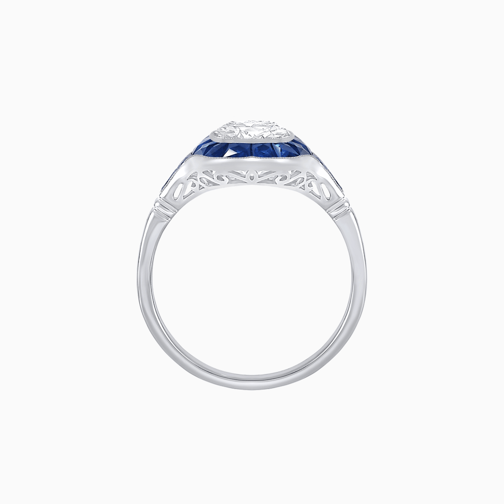 Art Deco Inspired Cushion Cut Halo Ring with Calibré-Cut Gemstones - Shahin Jewelry