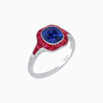 Load image into Gallery viewer, Art Deco Inspired Cushion Cut Halo Ring with Calibré-Cut Gemstones - Shahin Jewelry