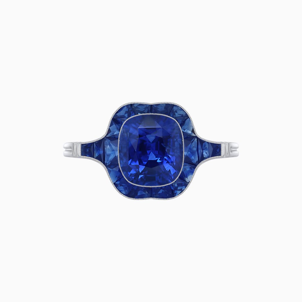 Art Deco Inspired Cushion Cut Halo Ring with Calibré-Cut Gemstones - Shahin Jewelry