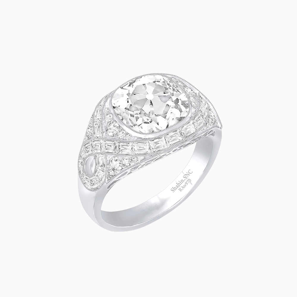 Art Deco Inspired Cushion Cut Ring with Baguette Diamonds - Shahin Jewelry