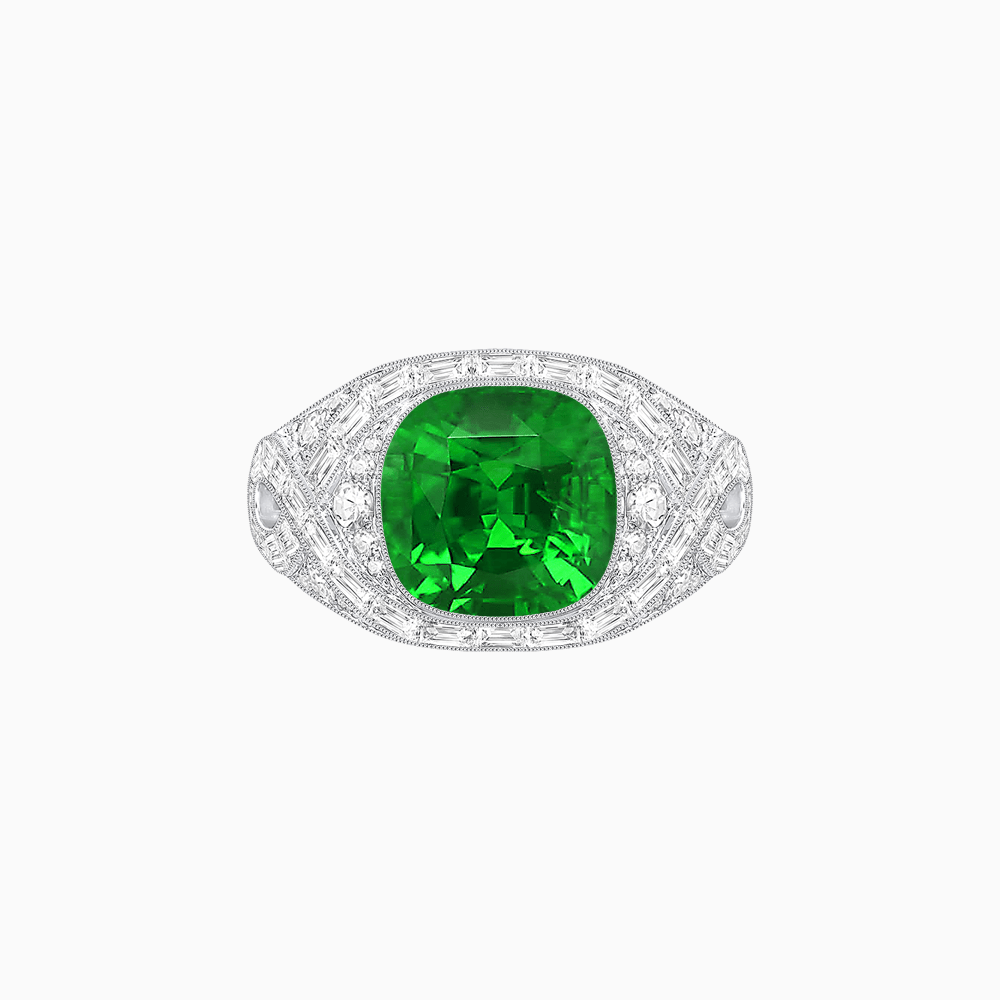 Art Deco Inspired Cushion Cut Ring with Baguette Diamonds - Shahin Jewelry