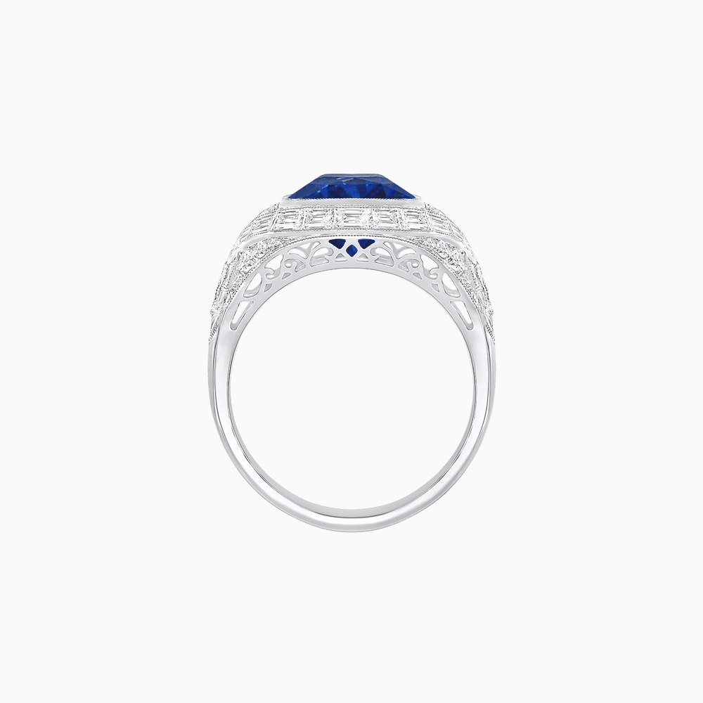Art Deco Inspired Cushion Cut Ring with Baguette Diamonds - Shahin Jewelry