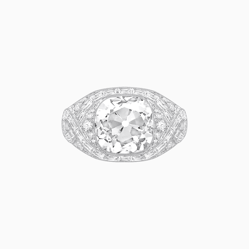 Art Deco Inspired Cushion Cut Ring with Baguette Diamonds - Shahin Jewelry