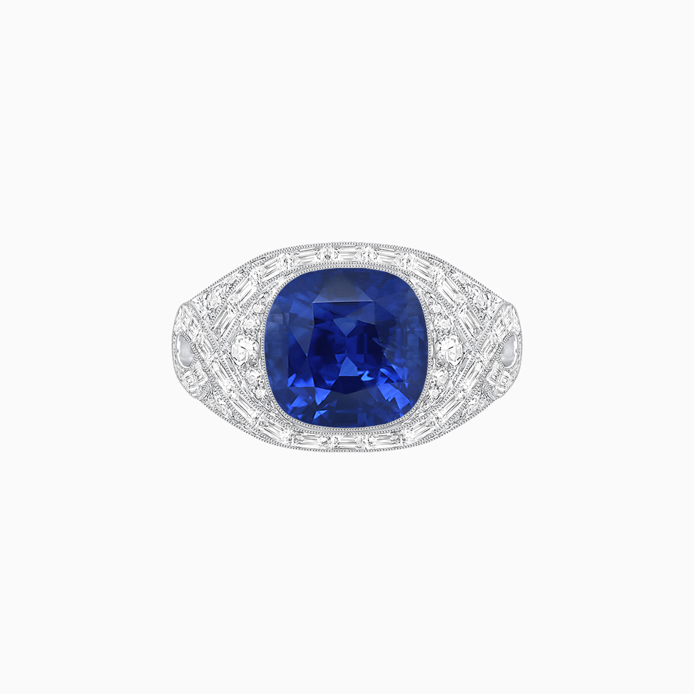 Art Deco Inspired Cushion Cut Ring with Baguette Diamonds - Shahin Jewelry