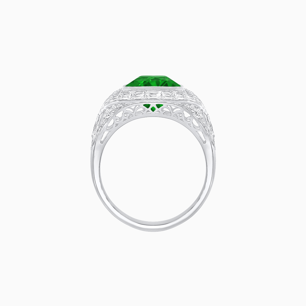 Art Deco Inspired Cushion Cut Ring with Baguette Diamonds - Shahin Jewelry