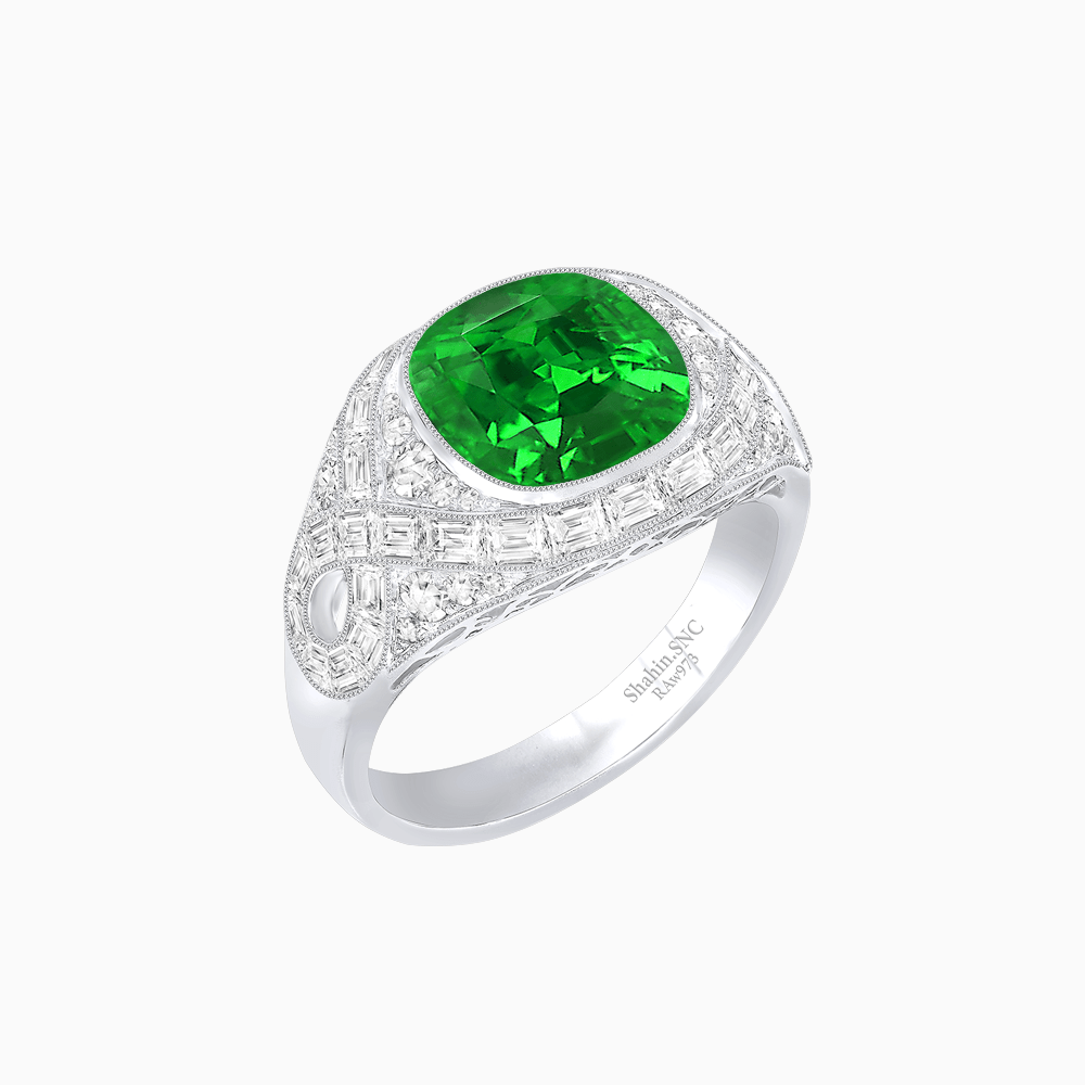 Art Deco Inspired Cushion Cut Ring with Baguette Diamonds - Shahin Jewelry