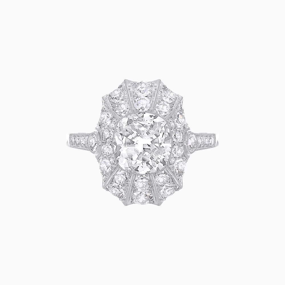 Art Deco Inspired Cushion Cut Sunburst Diamond Halo Ring - Shahin Jewelry