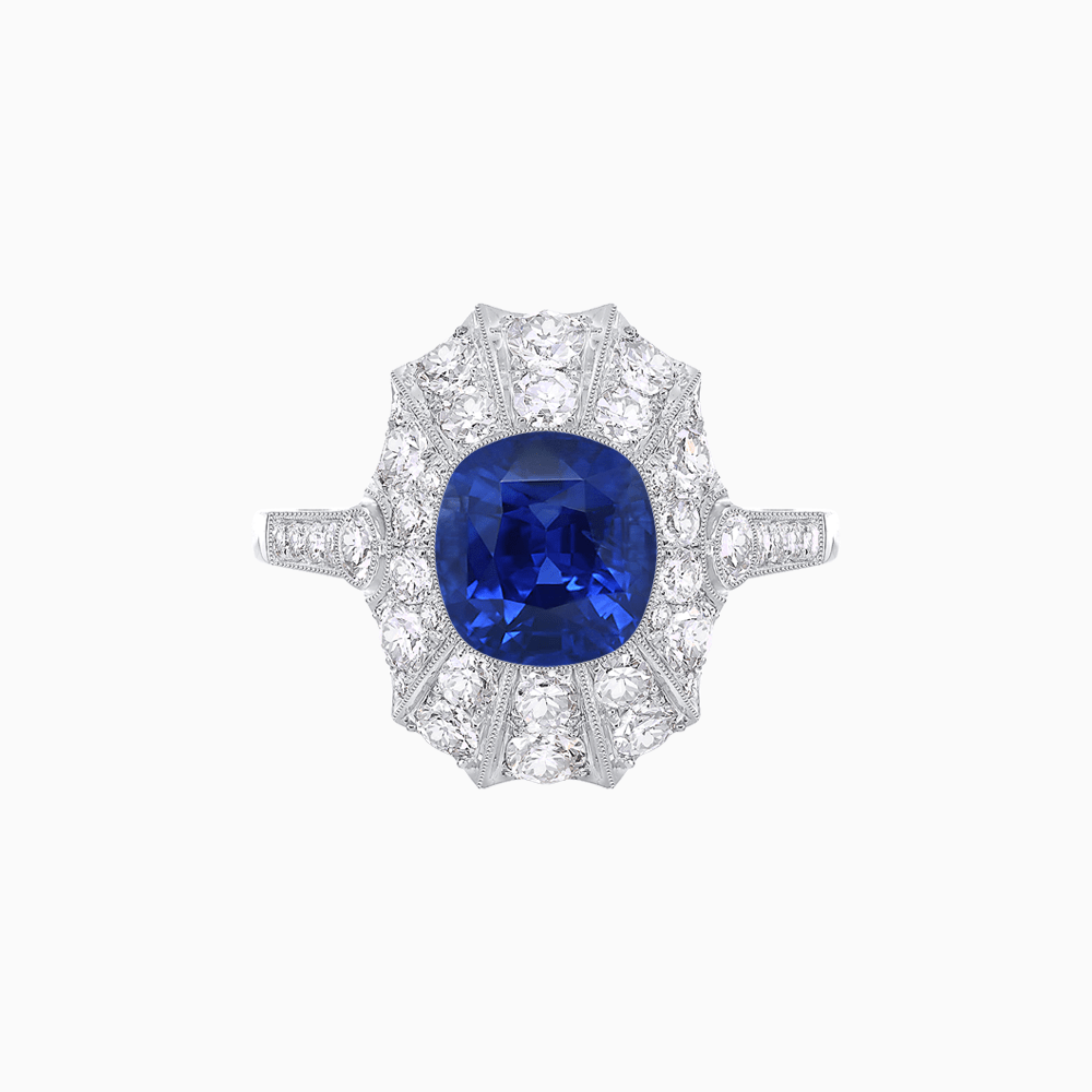 Art Deco Inspired Cushion Cut Sunburst Diamond Halo Ring - Shahin Jewelry