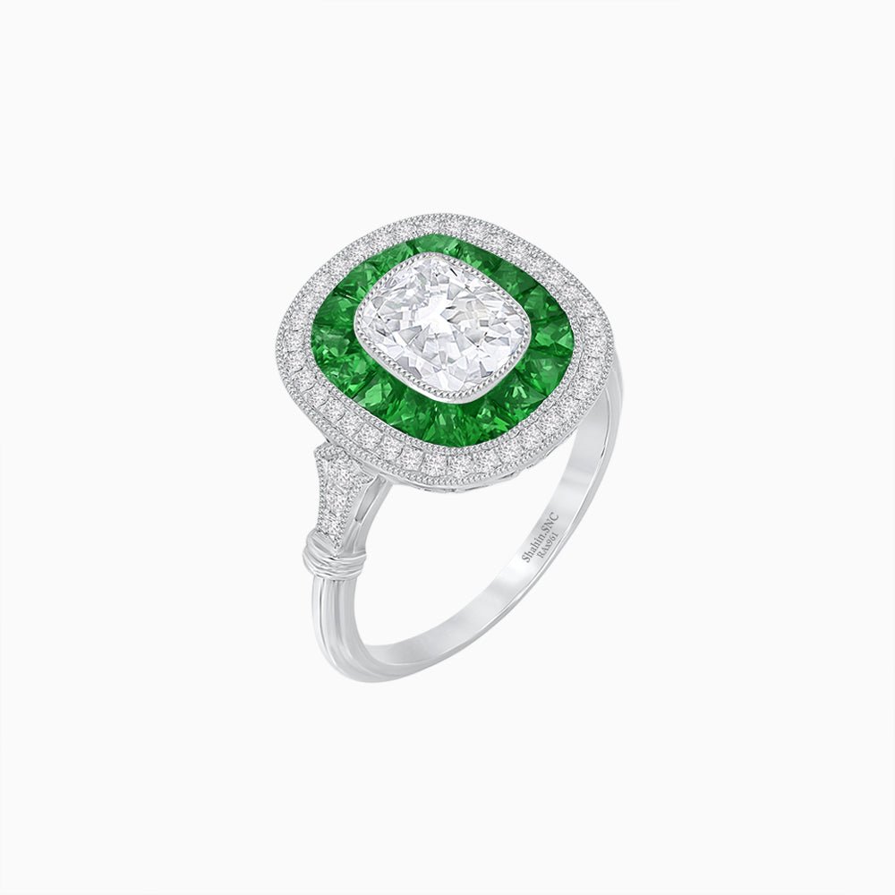 Art Deco Inspired Cushion Diamond Halo Ring - Shahin Jewelry