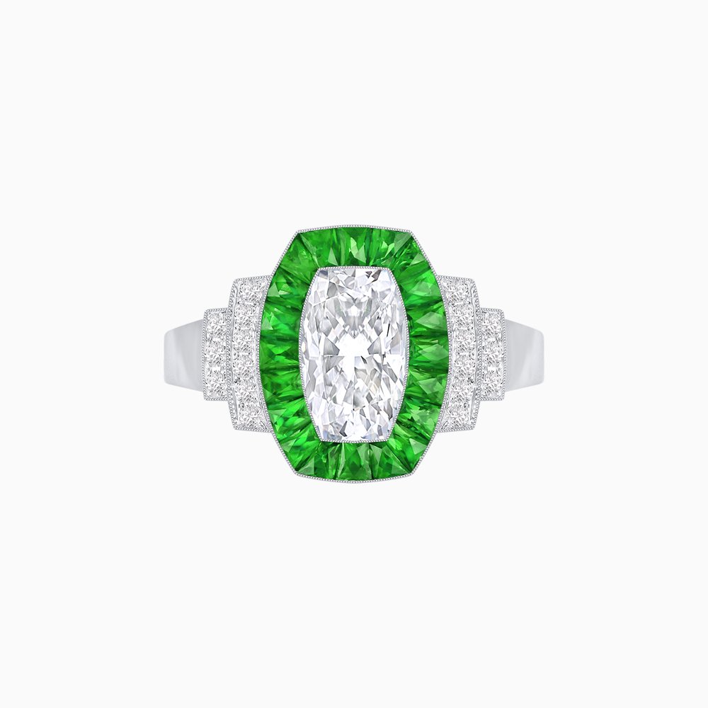 Art Deco Inspired Cushion Diamond Halo Ring with Gemstones - Shahin Jewelry