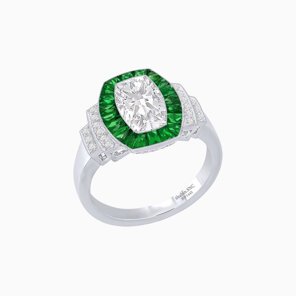 Art Deco Inspired Cushion Diamond Halo Ring with Gemstones - Shahin Jewelry