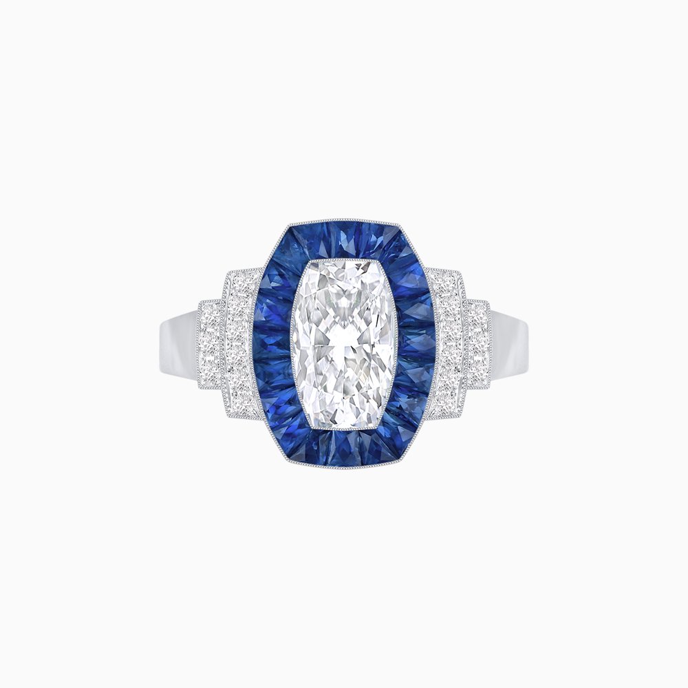 Art Deco Inspired Cushion Diamond Halo Ring with Gemstones - Shahin Jewelry