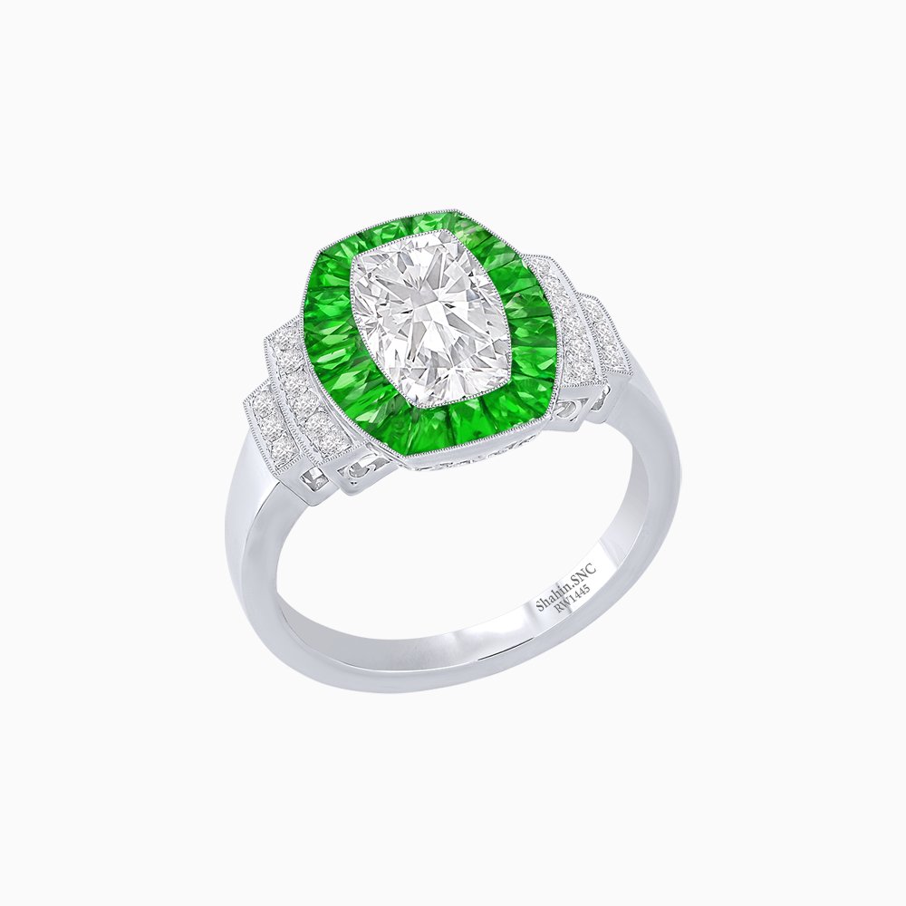 Art Deco Inspired Cushion Diamond Halo Ring with Gemstones - Shahin Jewelry