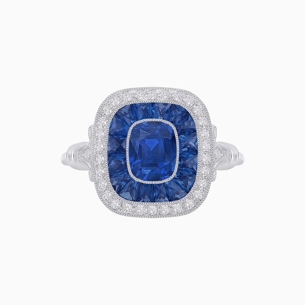 Art Deco Inspired Cushion Gemstone & Diamond Halo Ring - Shahin Jewelry