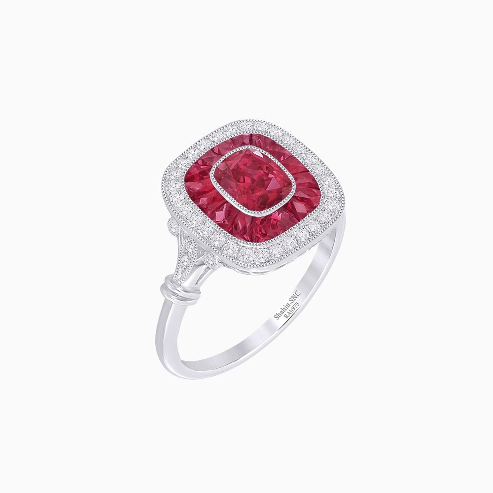 Art Deco Inspired Cushion Gemstone & Diamond Halo Ring - Shahin Jewelry