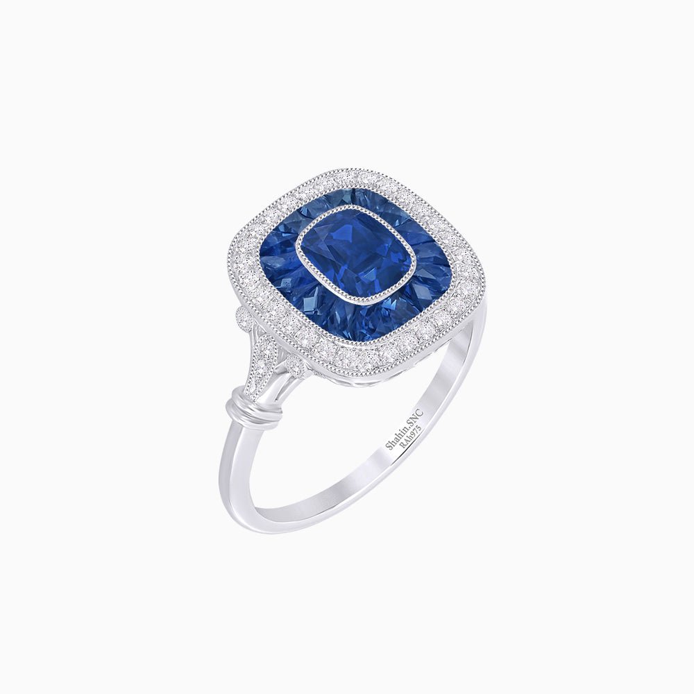 Art Deco Inspired Cushion Gemstone & Diamond Halo Ring - Shahin Jewelry