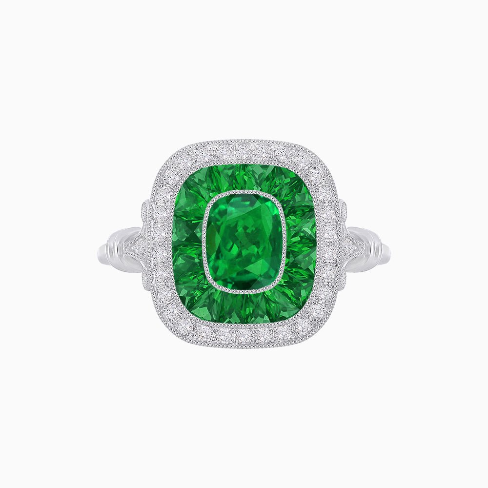 Art Deco Inspired Cushion Gemstone & Diamond Halo Ring - Shahin Jewelry