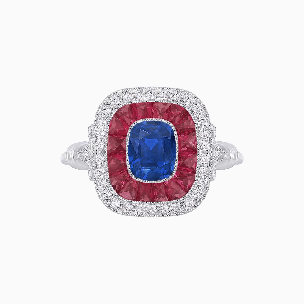 Art Deco Inspired Cushion Gemstone & Diamond Halo Ring - Shahin Jewelry
