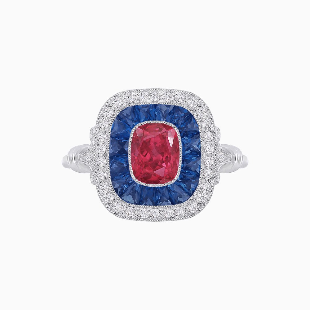 Art Deco Inspired Cushion Gemstone & Diamond Halo Ring - Shahin Jewelry