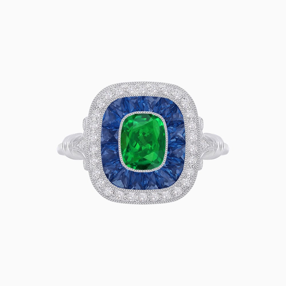 Art Deco Inspired Cushion Gemstone & Diamond Halo Ring - Shahin Jewelry