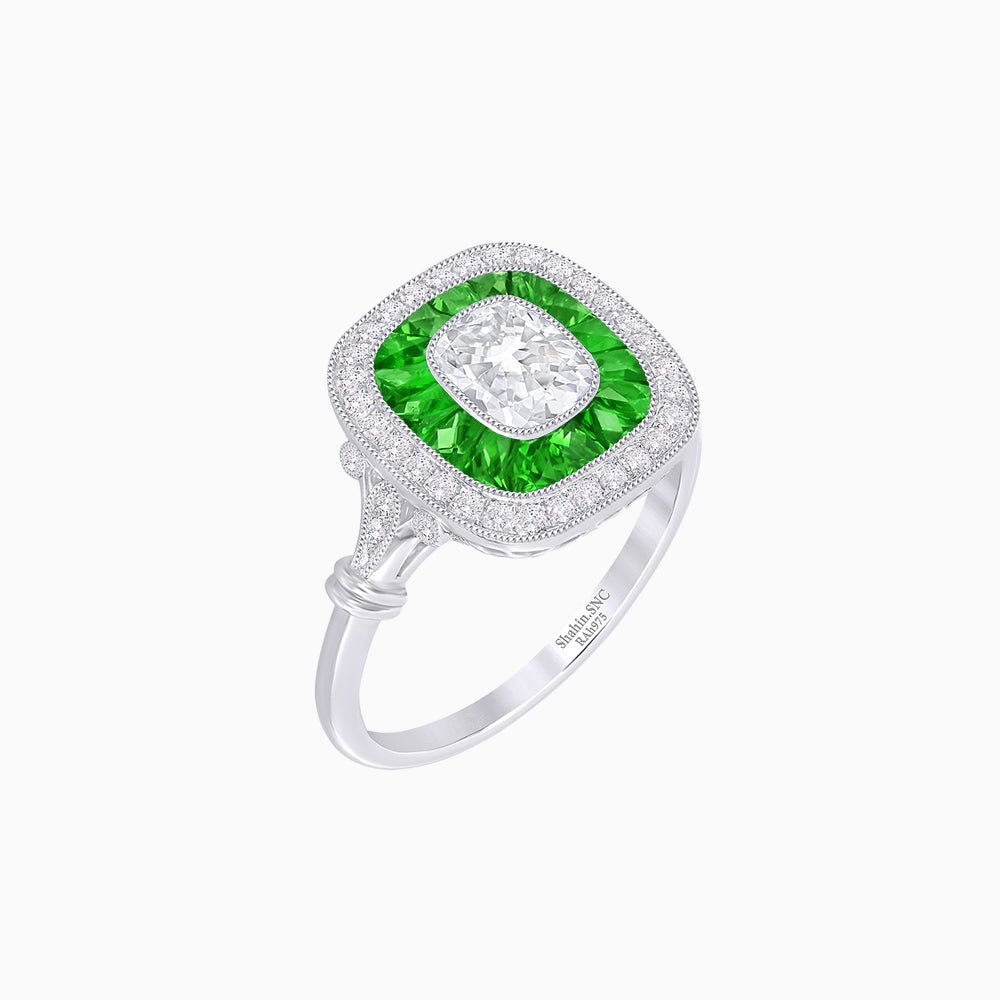 Art Deco Inspired Cushion Gemstone & Diamond Halo Ring - Shahin Jewelry