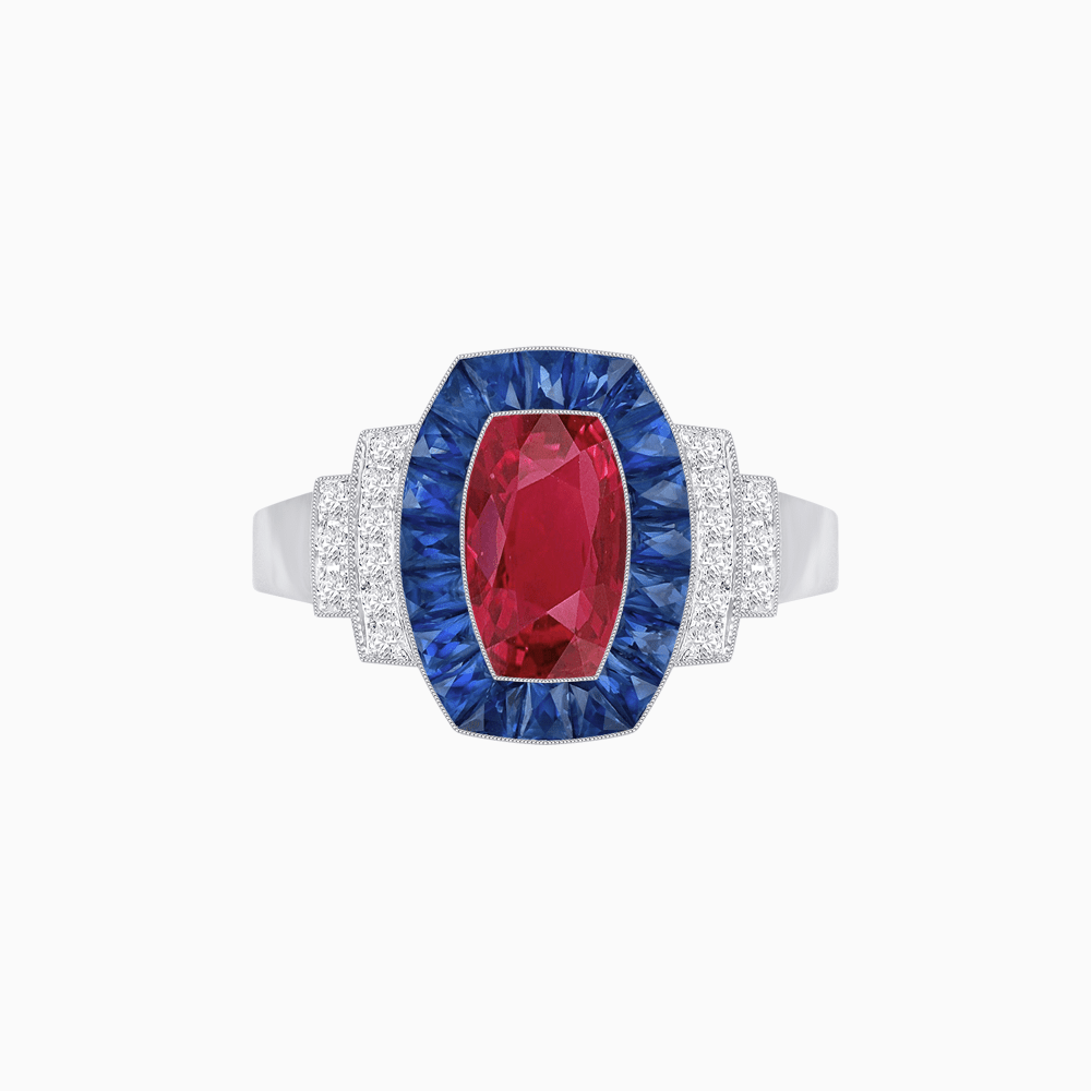 Art Deco Inspired Cushion Gemstones Halo Ring - Shahin Jewelry