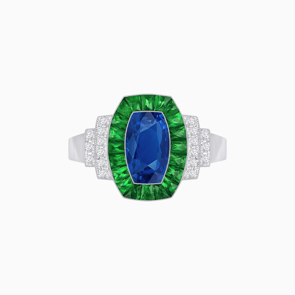 Art Deco Inspired Cushion Gemstones Halo Ring - Shahin Jewelry
