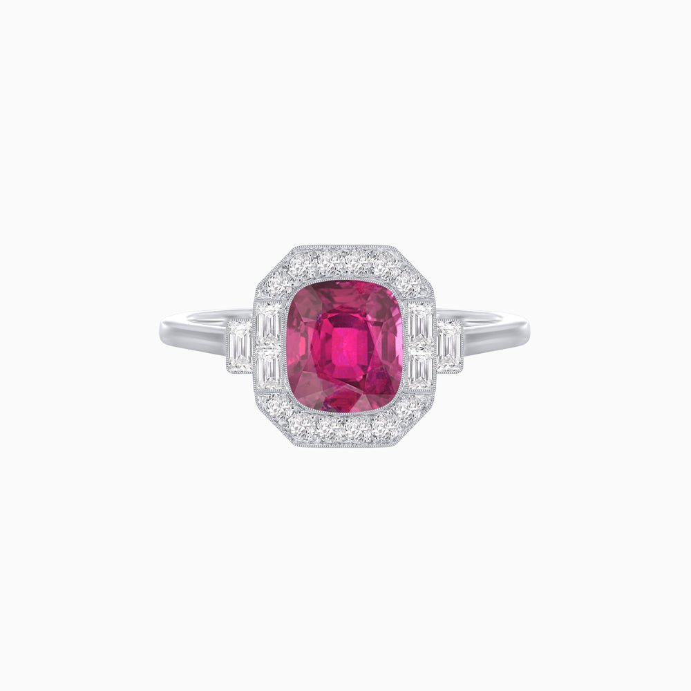 Art Deco - Inspired Cushion Halo Ring Mounting with Baguette and Round Diamonds Custom Center Stone | Bold Symmetry | Hand - Applied Milgrain - Shahin Jewelry