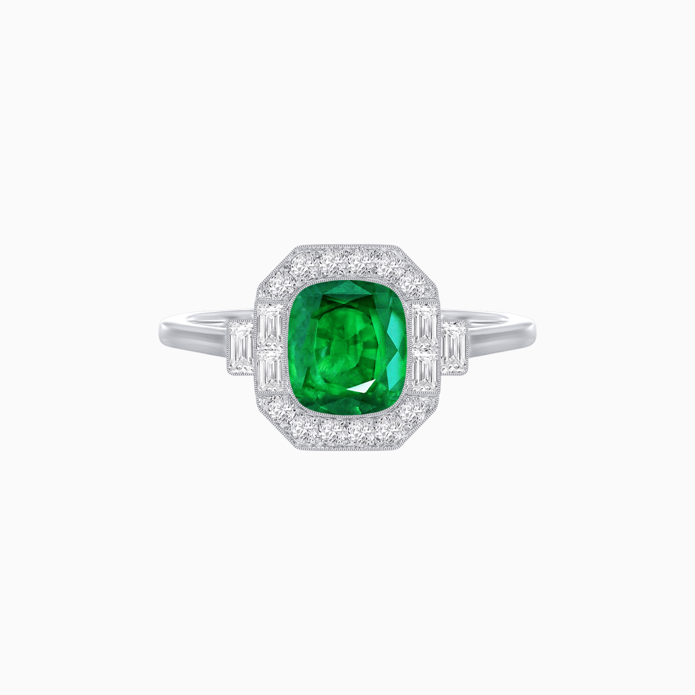 Art Deco - Inspired Cushion Halo Ring Mounting with Baguette and Round Diamonds Custom Center Stone | Bold Symmetry | Hand - Applied Milgrain - Shahin Jewelry