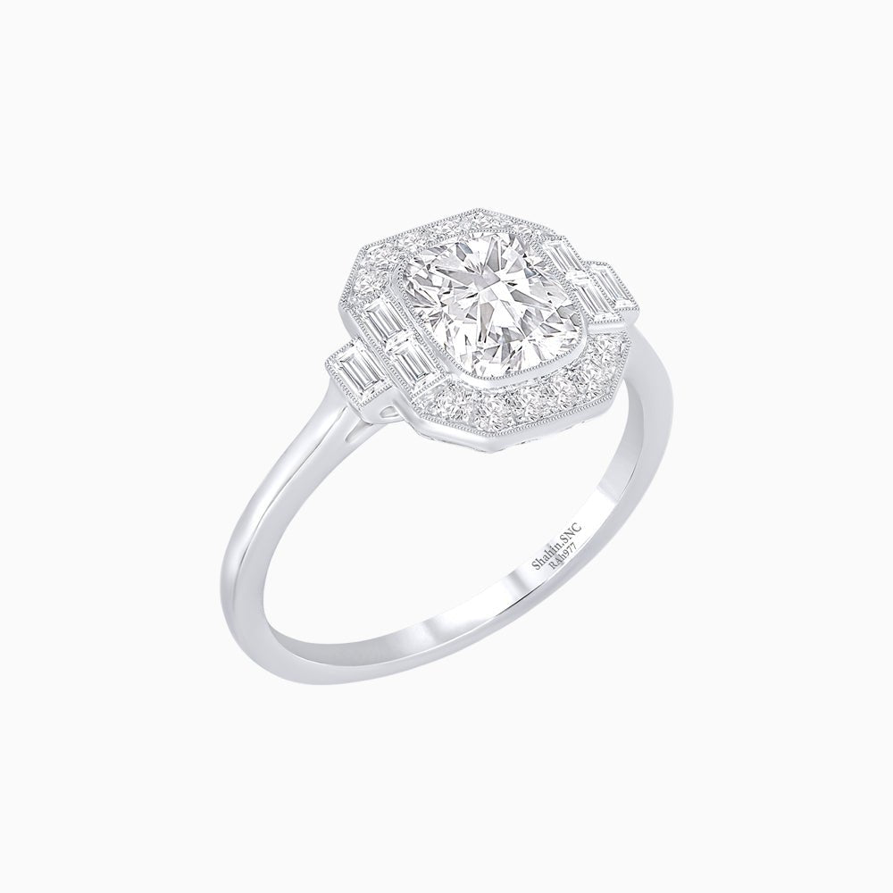 Art Deco-Inspired Cushion Halo Ring Mounting with Baguette and Round Diamonds Custom Center Stone | Bold Symmetry | Hand-Applied Milgrain - Shahin Jewelry